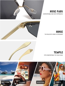 Close-up of reinforced metal hinges and ergonomic temples on semi-rimless sunglasses