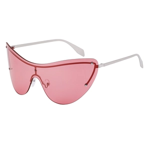 Y2K rimless one-piece cat-eye sunglasses with silver metal frame and pink lenses