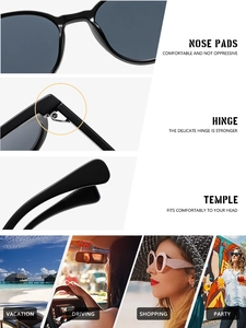 Detail view of round frame sunglasses showing nose pads, metal hinges and ergonomic temples