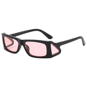 Futuristic hip-hop sunglasses with black frame and pink side shield lenses on white background