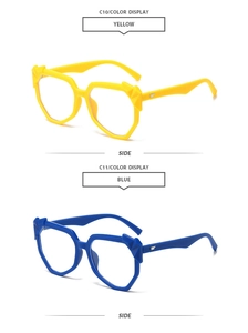 Side view of yellow and blue irregular geometric sunglasses with metal wing accents