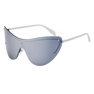 Fashionable rimless one-piece grey sunglasses with slim silver metal temples for women