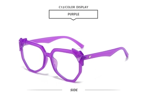 Detail of purple geometric oversized sunglasses with silver wing metal hinge decor