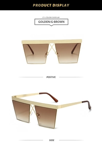 Detailed front and side view of golden metal square sunglasses with gradient brown lenses