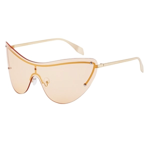 Fashionable rimless cat eye sunglasses with orange lenses and gold metal temples