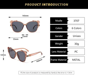 Size chart and specifications for oversized metal frame sunglasses with 145mm width