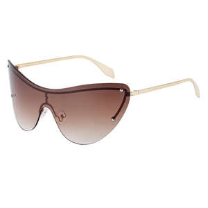 Fashionable rimless cat eye sunglasses with gradient brown lenses and gold metal temples