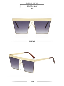 Detail of gold metal square sunglasses with textured bridge and gradient gray lenses