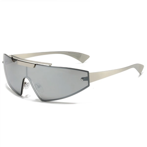 Futuristic silver wrap-around visor sunglasses with a metallic frame on white background