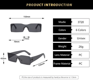Detailed dimensions and PC material specs for Y2K rimless wraparound sunglasses