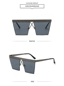 Macro view of gunmetal square sunglasses featuring a unique X-shaped bridge design