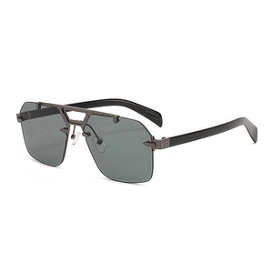 Retro pilot sunglasses with dark grey lenses and metallic double bridge on white background