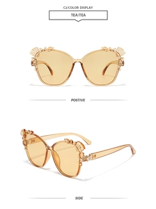 Detailed views of tea-colored fashion sunglasses with crystal-embellished frames