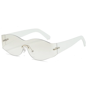 Futuristic rimless wavy oversized sunglasses with transparent frames and gold accents