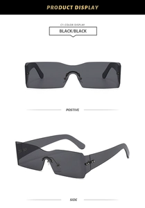Y2K rimless curved shield sunglasses in black showing positive and side views