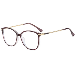Classic wine red square anti-blue light glasses with gold metal temples on white background