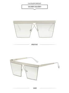 Detail view of square silver metal sunglasses with textured frame and top bar structure