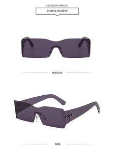 Detailed views of purple rimless Y2K sunglasses with one-piece curved lens and metal nose bridge