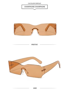 Detail view of champagne Y2K rimless sunglasses from front and side angles
