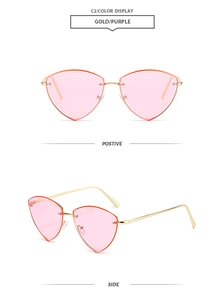 Front and side view of rimless heart sunglasses with gold metal temples and pink lenses