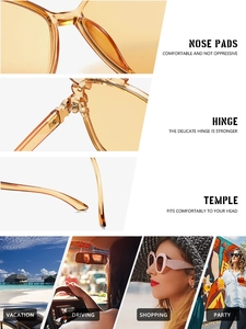 Detailed views of amber sunglasses showing reinforced hinges and comfort nose pads