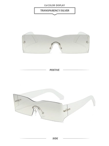 Front and side views of Y2K rimless curved shield sunglasses in transparent silver and grey