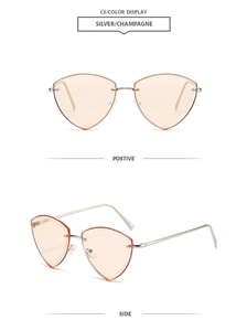 Front and side view of rimless geometric sunglasses with champagne lenses and silver frame