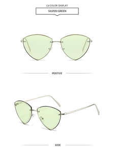 Macro detail of silver rimless triangle sunglasses with green lenses from dual perspectives