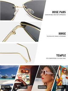 Detail view of gold metal frames, nose pads, and hinges of geometric rimless sunglasses