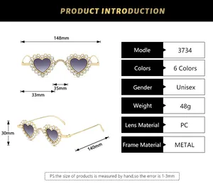 Detailed size chart for heart diamond sunglasses featuring dimensions and frame material