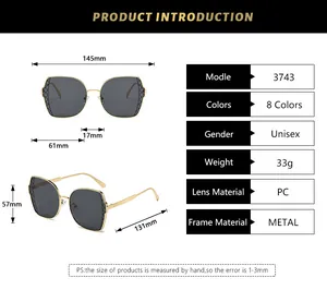 Size chart for oversized metal polygon sunglasses with dimensions and frame specifications