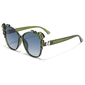 Fashionable dark green sunglasses with blue gradient lenses and rhinestone crystal details