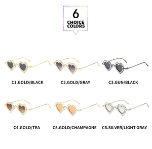Detail view of heart-shaped sunglasses featuring elegant pearl-encrusted frames in six colors