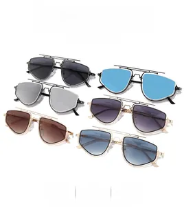 Six colors of double-bridge geometric sunglasses with metal frames in a flat lay view
