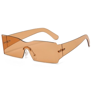 Y2K rimless rectangular sunglasses with orange lenses and chic metal rivet accents