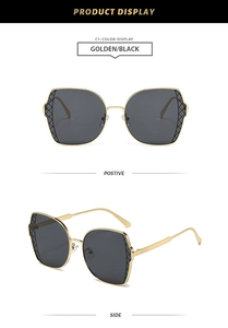 Detailed front and side views of oversized polygon sunglasses with gold metal frame