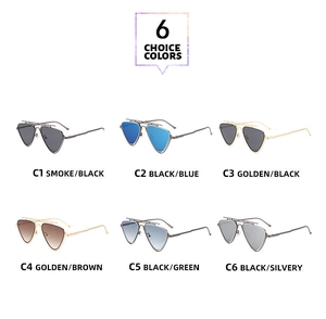 Grid display of six colorful triangular double-bridge sunglasses with metal frames