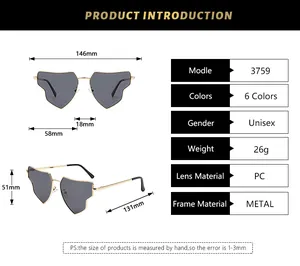 Size chart and specifications for oversized irregular metal frame unisex sunglasses