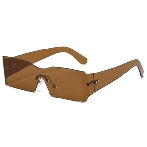 Y2K rimless curved sunglasses with amber lenses and silver metal nose pads on white background