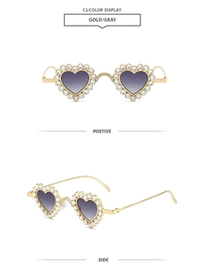 Detailed views of gold heart-shaped sunglasses with sparkling crystals and gradient lenses