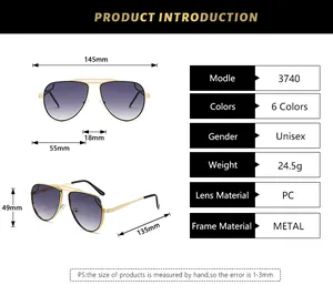 Detailed size chart for vintage pilot sunglasses showing frame dimensions and specifications