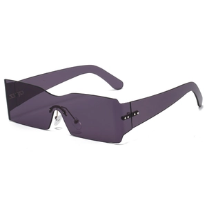 Chic Y2K rimless rectangle sunglasses with purple lenses and silver rivet accents