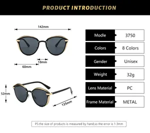 Tableau des tailles pour lunettes de soleil rétro 3750 avec monture en métal