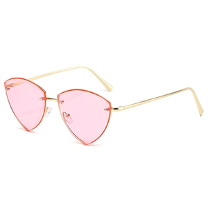 Cat-eye heart shaped rimless pink sunglasses with gold metal temples at 45-degree angle