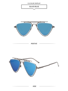 Macro detail of pilot sunglasses featuring gunmetal double bridge and blue reflective lenses