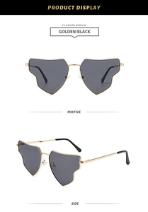 Detailed views of irregular golden metal sunglasses with dark lenses and black temple tips