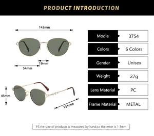 Detailed size chart for vintage metal sunglasses featuring frame and lens dimensions