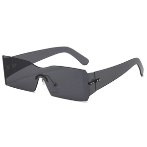 Fashionable Y2K rimless curved shield sunglasses with dark grey translucent lenses