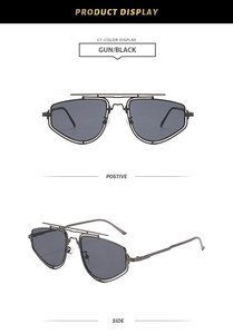 Detailed views of gunmetal industrial double-bridge geometric metal sunglasses frames