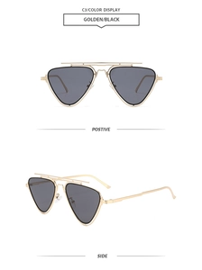 Detail view of gold metal pilot sunglasses with unique triangular frame and double bridge